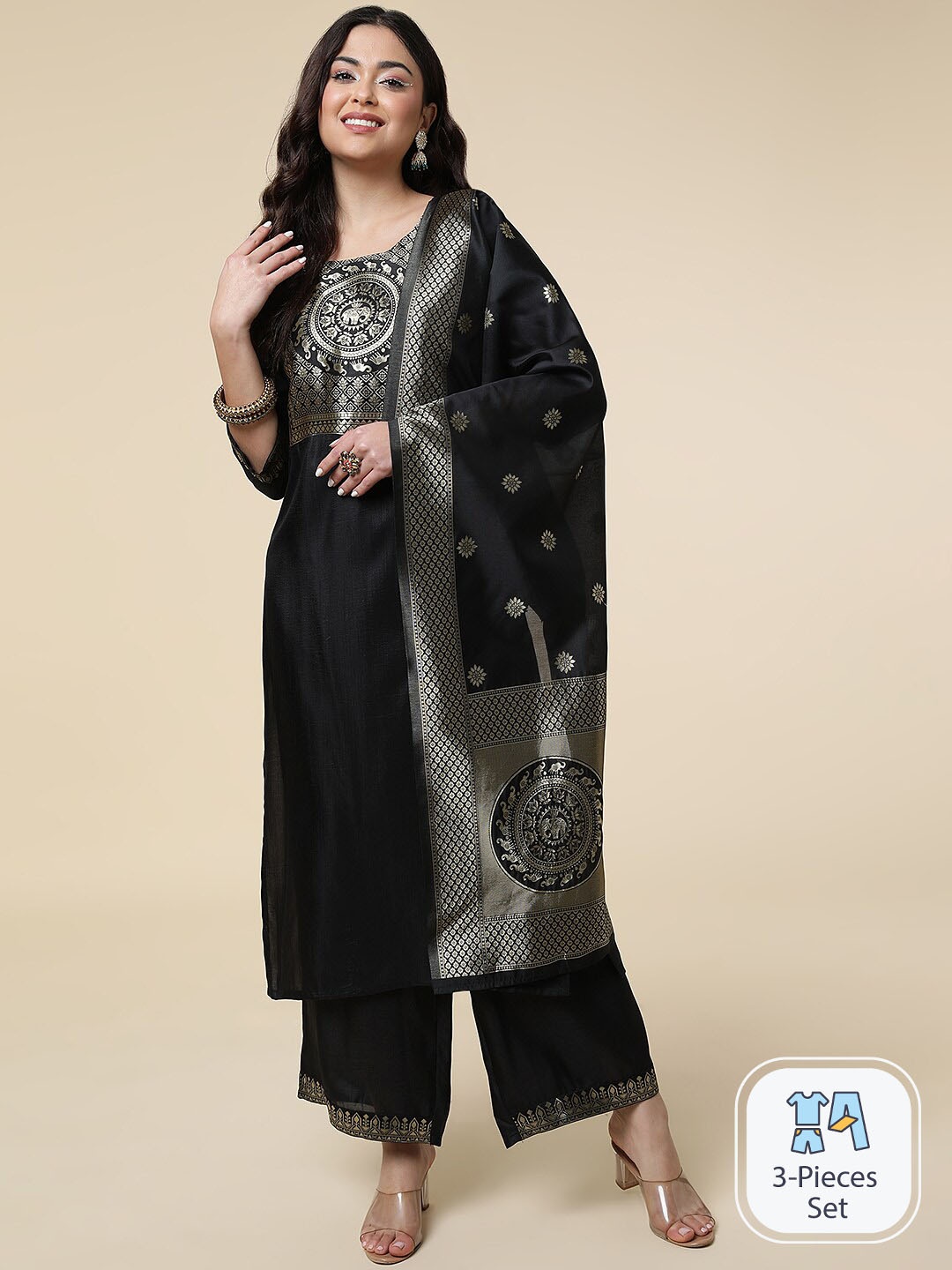 CLEMIRA Ethnic Motifs Woven Design Kurta With Palazzos & With Dupatta, Black
CLEMIRA Ethnic Motifs Woven Design Kurta With Palazzos & With Dupatta, Black