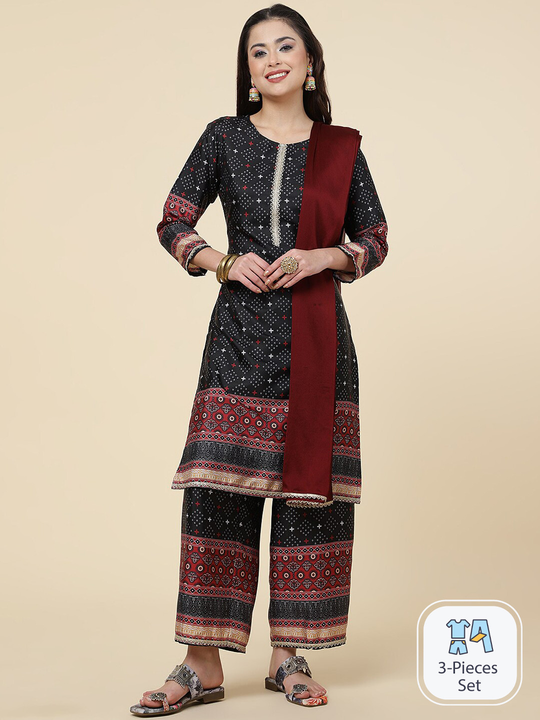 CLEMIRA Bandhani Printed Regular Thread WorkKurta with Palazzos & With Dupatta, Grey 
CLEMIRA Bandhani Printed Regular Thread WorkKurta with Palazzos & With Dupatta, Grey