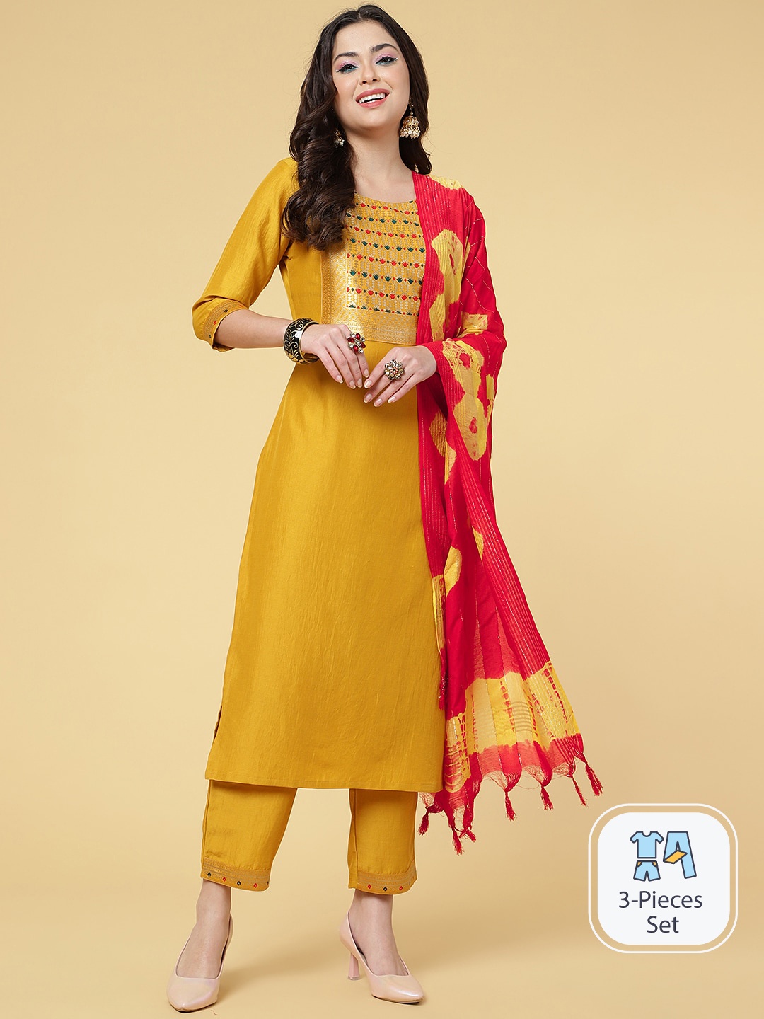 CLEMIRA Ethnic Motifs Yoke Design Regular Silk Chiffon Kurta & Trousers With Dupatta, Mustard
CLEMIRA Ethnic Motifs Yoke Design Regular Silk Chiffon Kurta & Trousers With Dupatta, Mustard