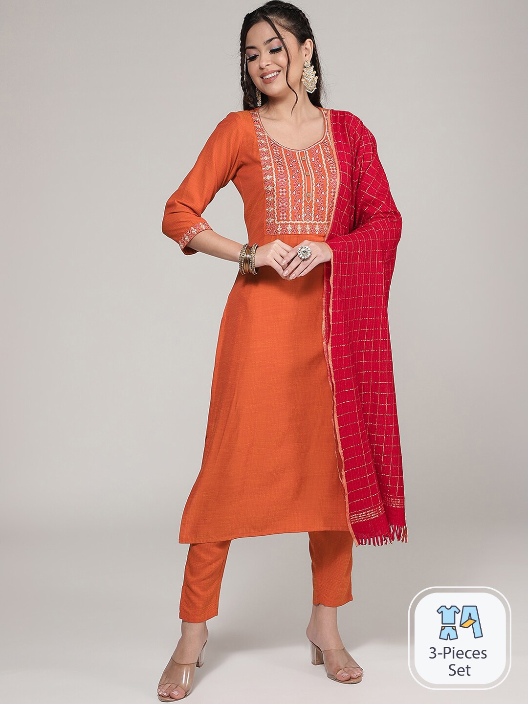 CLEMIRA Floral Yoke Design Regular Thread Work Kurta with Trousers & With Dupatta, Orange
CLEMIRA Floral Yoke Design Regular Thread Work Kurta with Trousers & With Dupatta, Orange