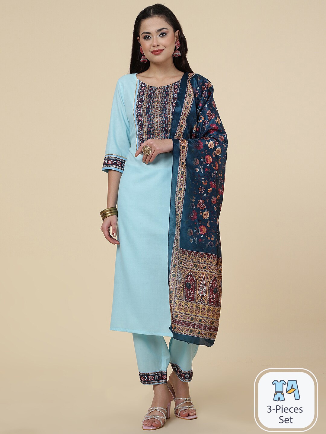 CLEMIRA Ethnic Motifs Yoke Design Gotta Patti Straight Kurta & Trousers With Dupatta, Turquoise blue
CLEMIRA Ethnic Motifs Yoke Design Gotta Patti Straight Kurta & Trousers With Dupatta, Turquoise blue