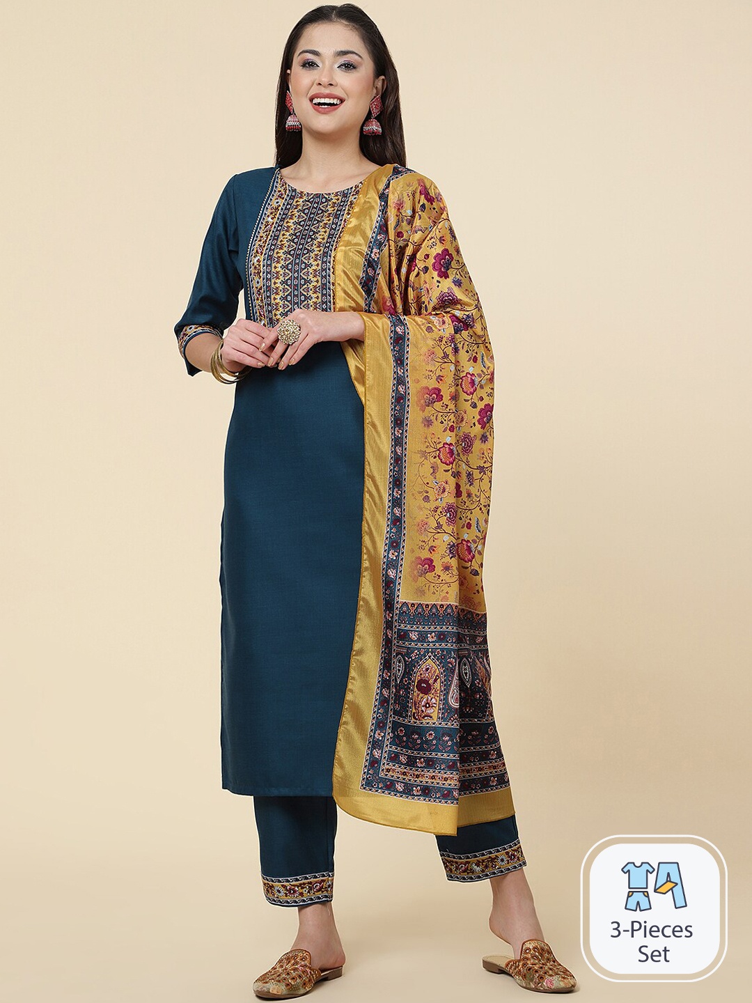 CLEMIRA Ethnic Motifs Yoke Design Gotta Patti Kurta With Salwar & Dupatta, Navy blue
CLEMIRA Ethnic Motifs Yoke Design Gotta Patti Kurta With Salwar & Dupatta, Navy blue