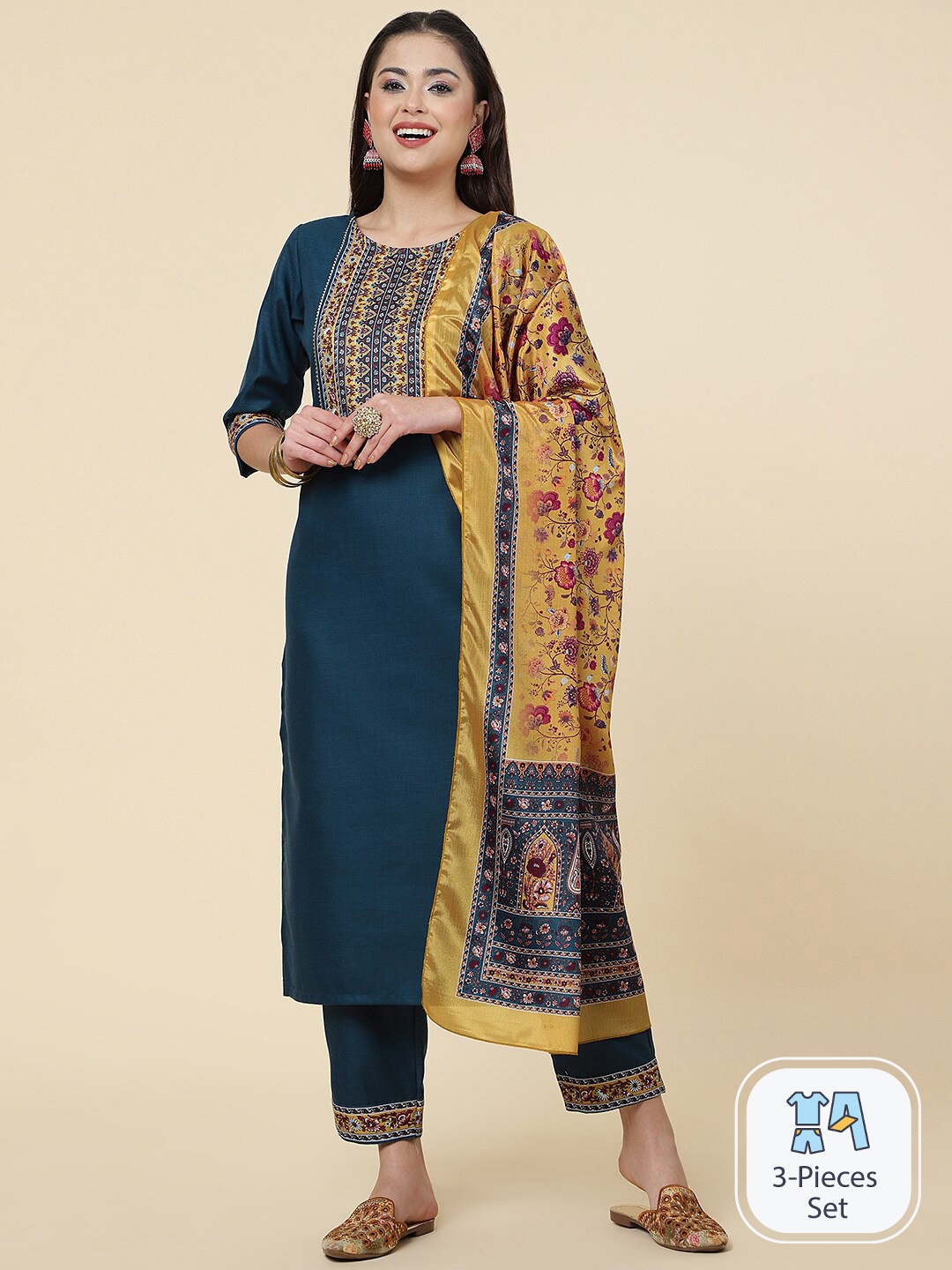 CLEMIRA Ethnic Motifs Yoke Design Thread Work Kurta & Trousers With Dupatta, Navy blue
CLEMIRA Ethnic Motifs Yoke Design Thread Work Kurta & Trousers With Dupatta, Navy blue