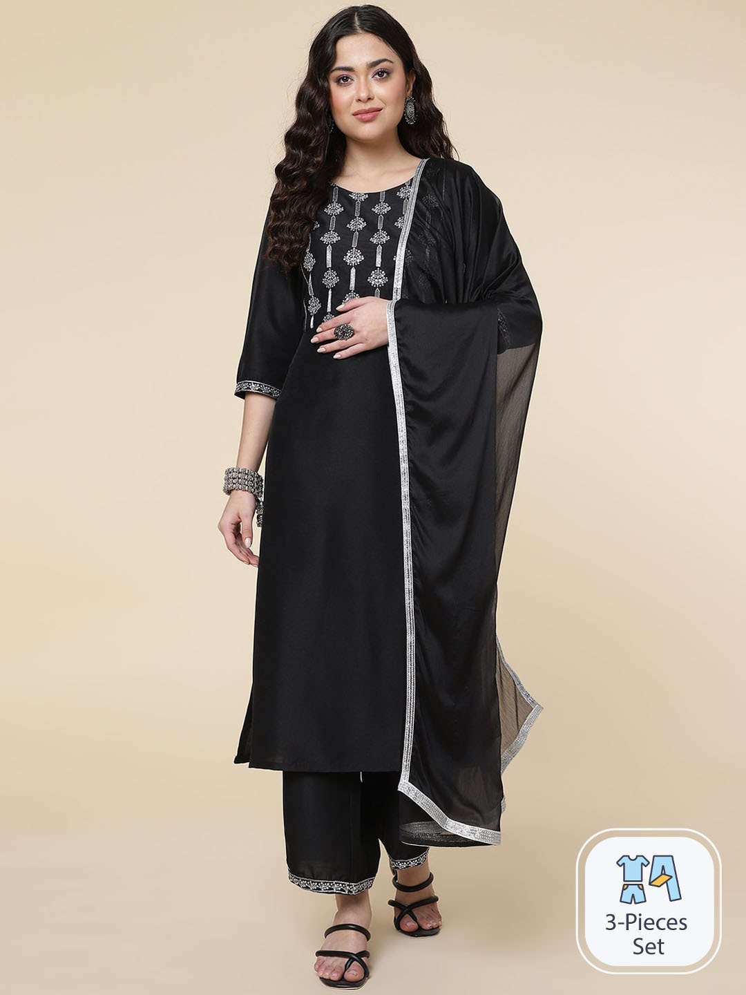 CLEMIRA Ethnic Motifs Embroidered Silk Chiffon Straight Kurta With Palazzos & Dupatta, Black
CLEMIRA Ethnic Motifs Embroidered Silk Chiffon Straight Kurta With Palazzos & Dupatta, Black
