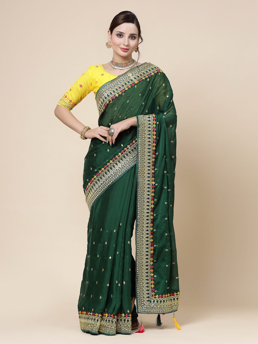 KALINI Floral Embroidered Art Silk Saree, Green