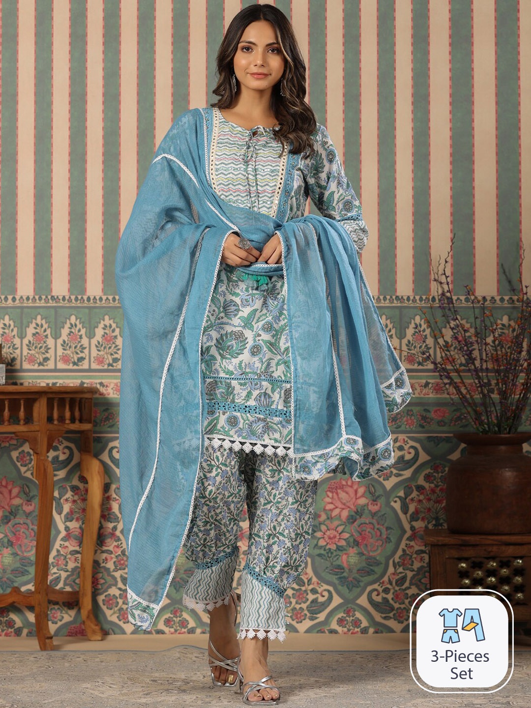Readiprint Floral Printed Mirror Work Pure Cotton Kurta & Palazzos With Dupatta, Blue
Readiprint Floral Printed Mirror Work Pure Cotton Kurta & Palazzos With Dupatta, Blue