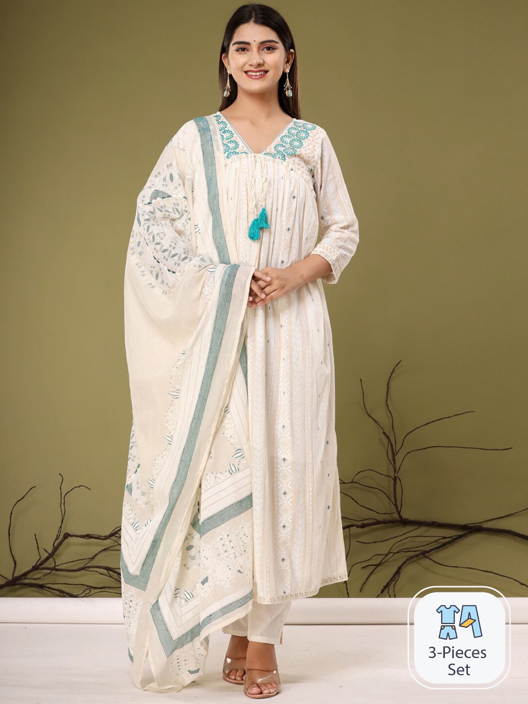 Readiprint Fashions Floral Embroidered Cotton Anarkali Kurta With Trousers & Dupatta, Off white
Readiprint Fashions Floral Embroidered Cotton Anarkali Kurta With Trousers & Dupatta, Off white