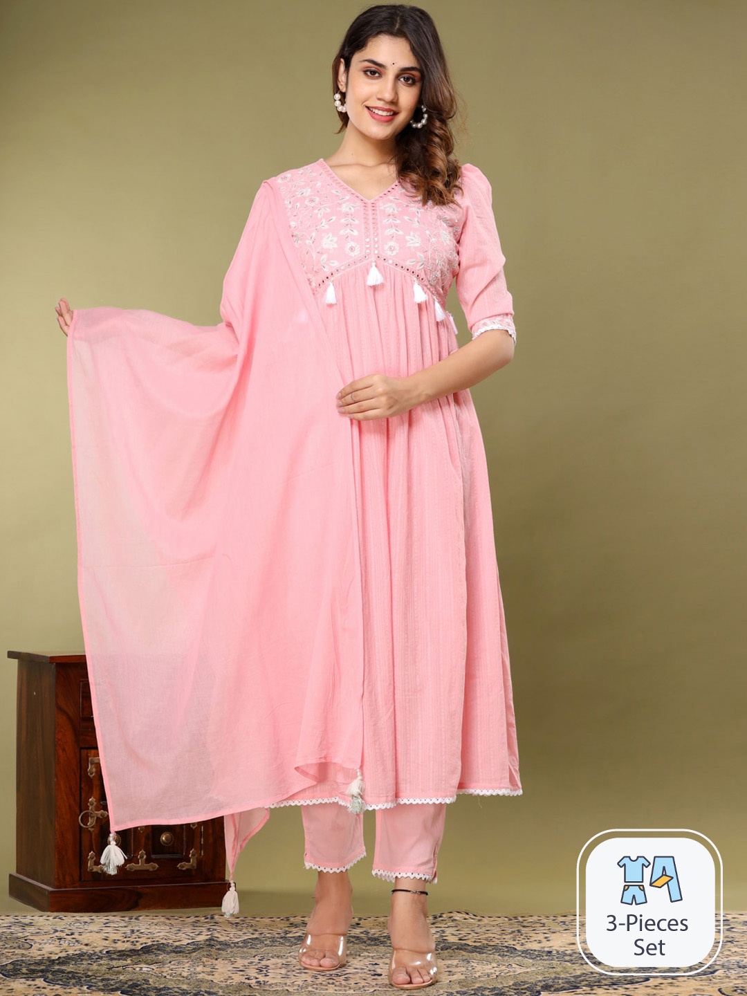 Readiprint Fashions Floral Embroidered Pure Cotton Anarkali Kurta With Trousers & Dupatta, Pink
Readiprint Fashions Floral Embroidered Pure Cotton Anarkali Kurta With Trousers & Dupatta, Pink