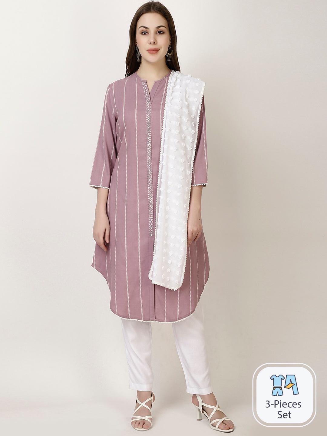 FFU Striped Embroidered Mandarin Collar A-Line Kurta With Trousers & With Dupatta, Pink
FFU Striped Embroidered Mandarin Collar A-Line Kurta With Trousers & With Dupatta, Pink