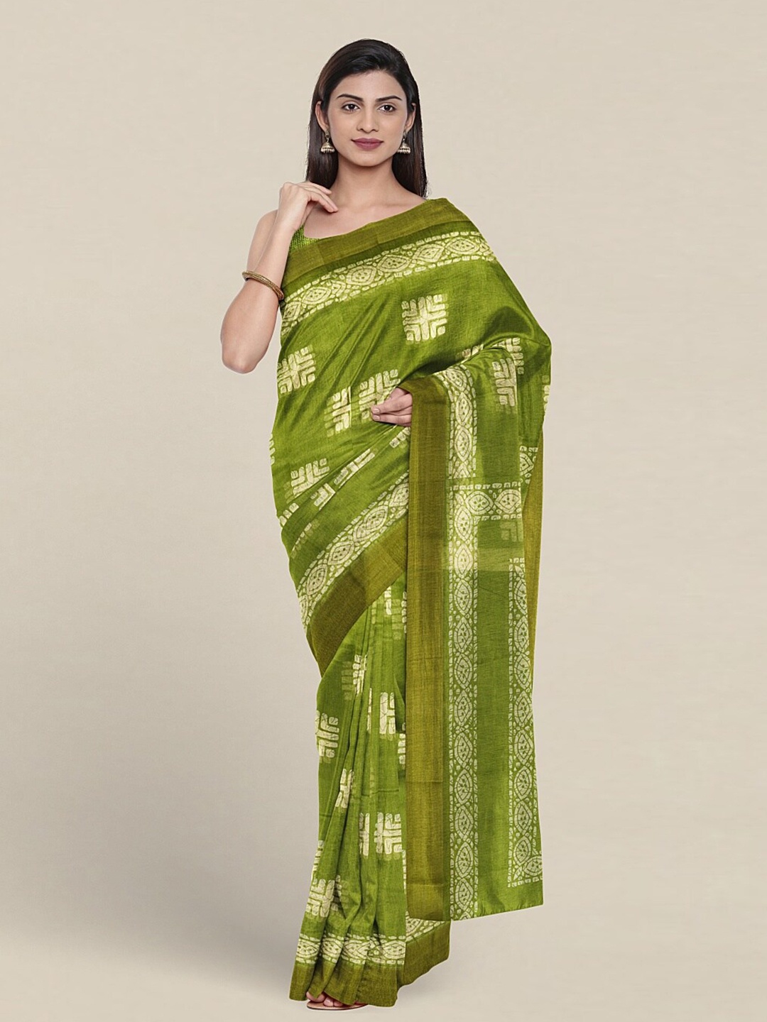 Pothys Geometric Printed Saree, Green