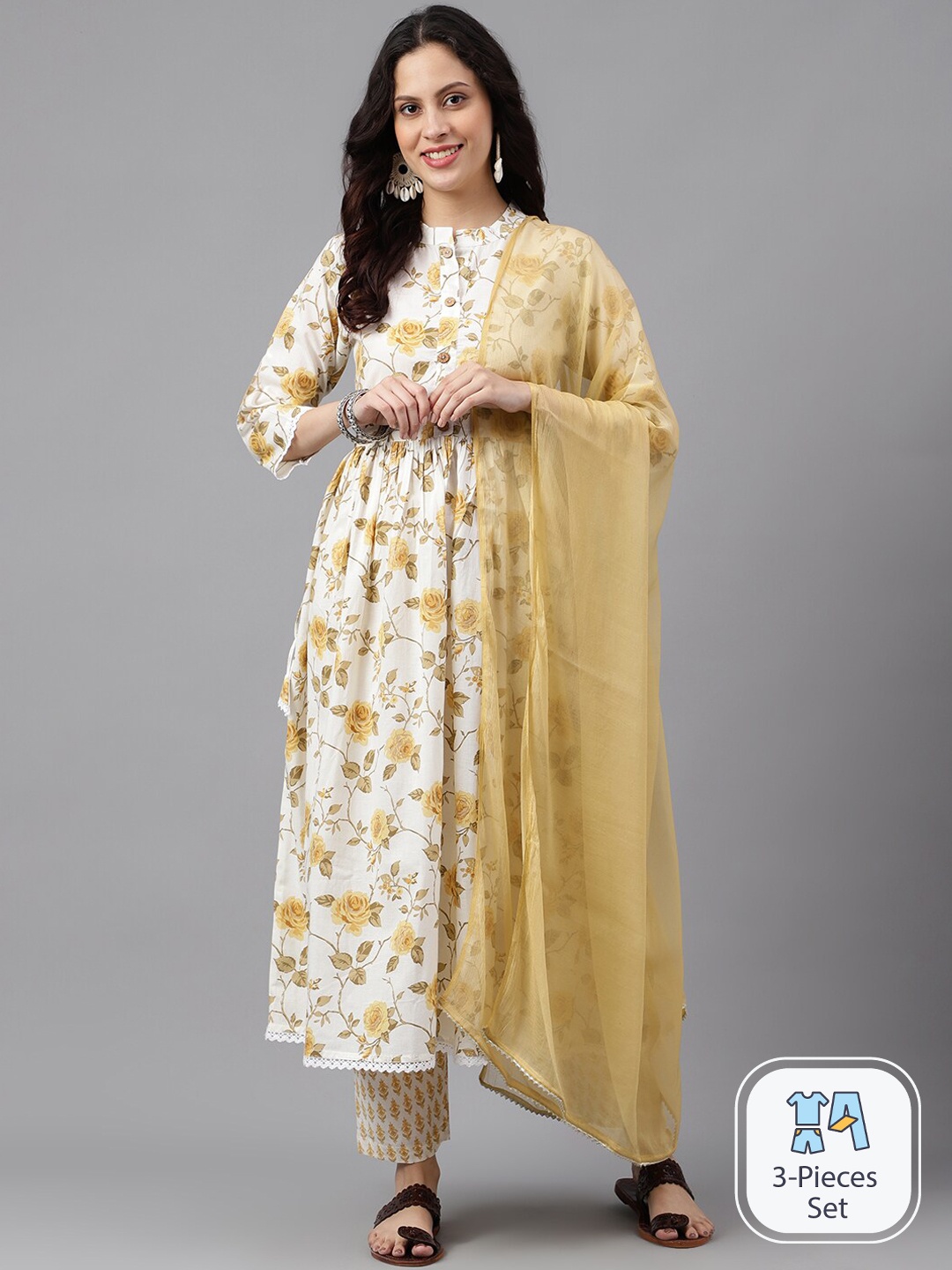 SAABHI Floral Printed Mandarin Collar Gotta Patti A-Line Kurta With Trousers & Dupatta, Yellow
SAABHI Floral Printed Mandarin Collar Gotta Patti A-Line Kurta With Trousers & Dupatta, Yellow