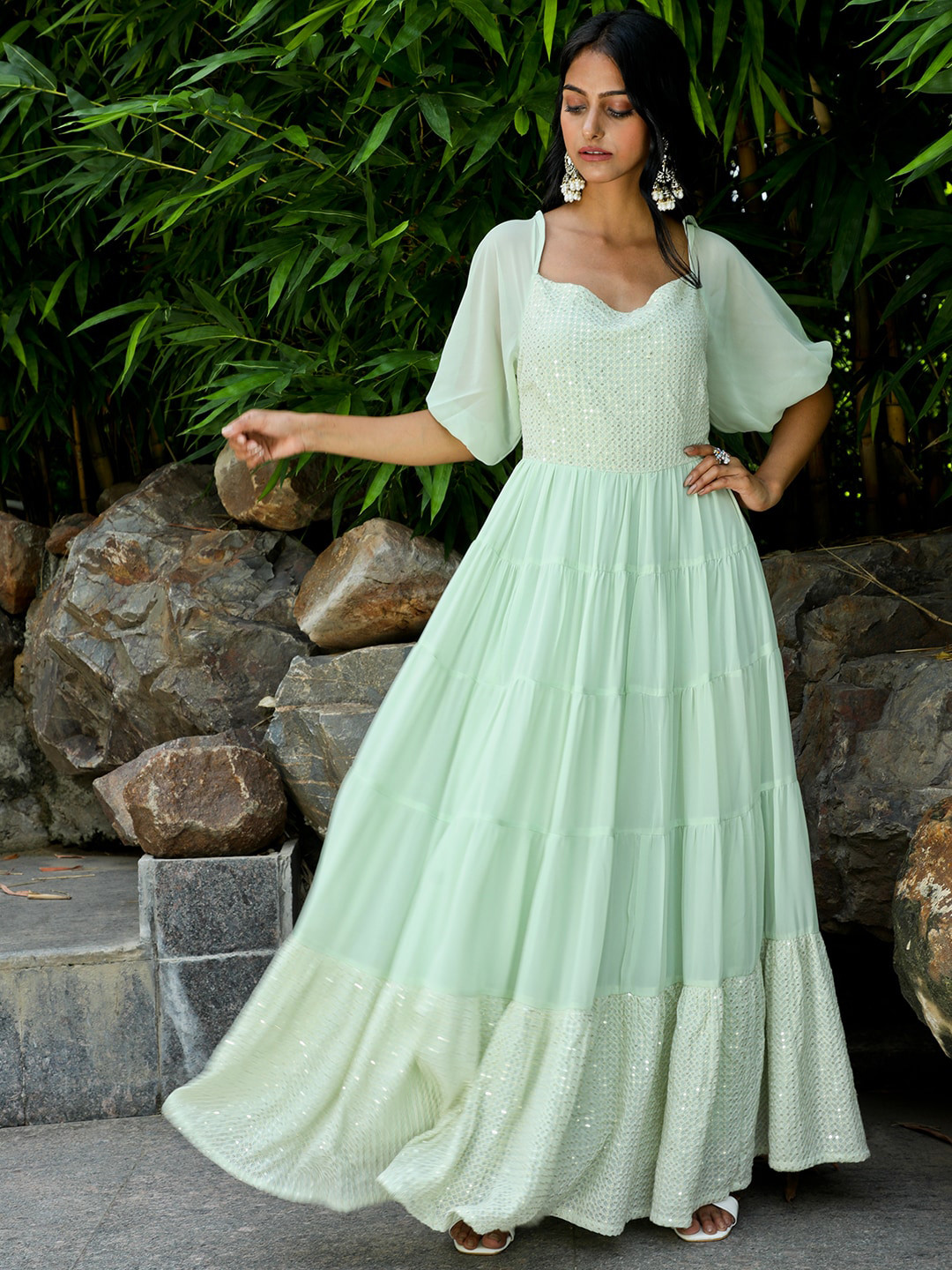 AKS Couture Self Design Extended Sleeves Sequinned Tiered Fit & Flare Ethnic Dress, Sea green 
AKS Couture Self Design Extended Sleeves Sequinned Tiered Fit & Flare Ethnic Dress, Sea green