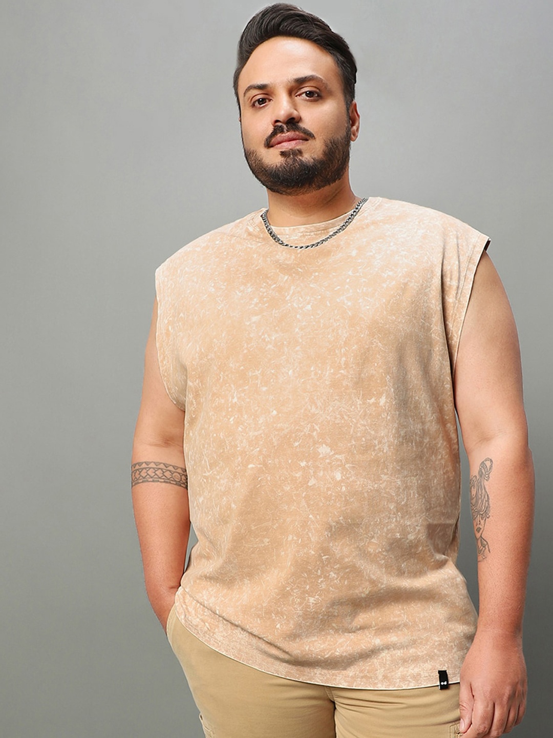 Bewakoof Plus Printed Pure Cotton Oversized Innerwear Vests, Beige