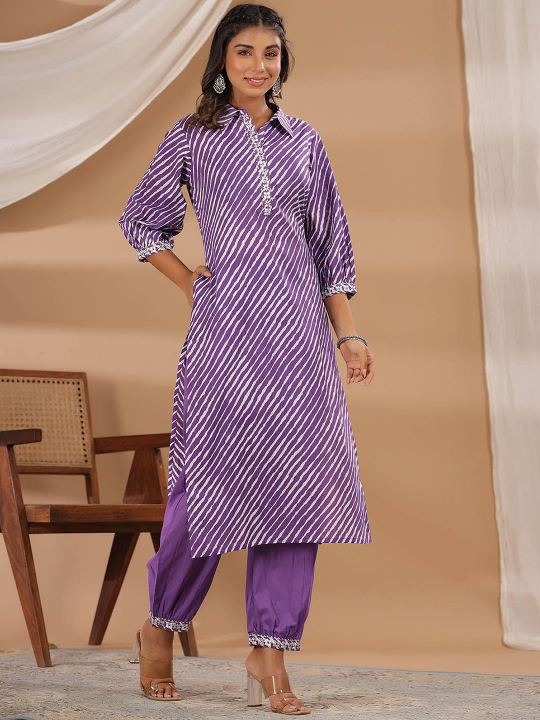 Meena Bazaar Shirt Collar Striped Gota Patti Regular Kurta with Harem Pants, Blue
Meena Bazaar Shirt Collar Striped Gota Patti Regular Kurta with Harem Pants, Blue