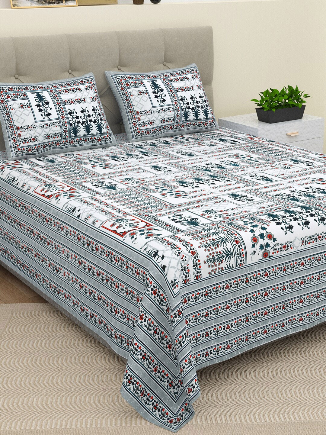 BELLA CASA Ethic White & Blue Printed Cotton 180 TC King Bedsheet with 2 Pillow Covers
BELLA CASA Ethic White & Blue Printed Cotton 180 TC King Bedsheet with 2 Pillow Covers