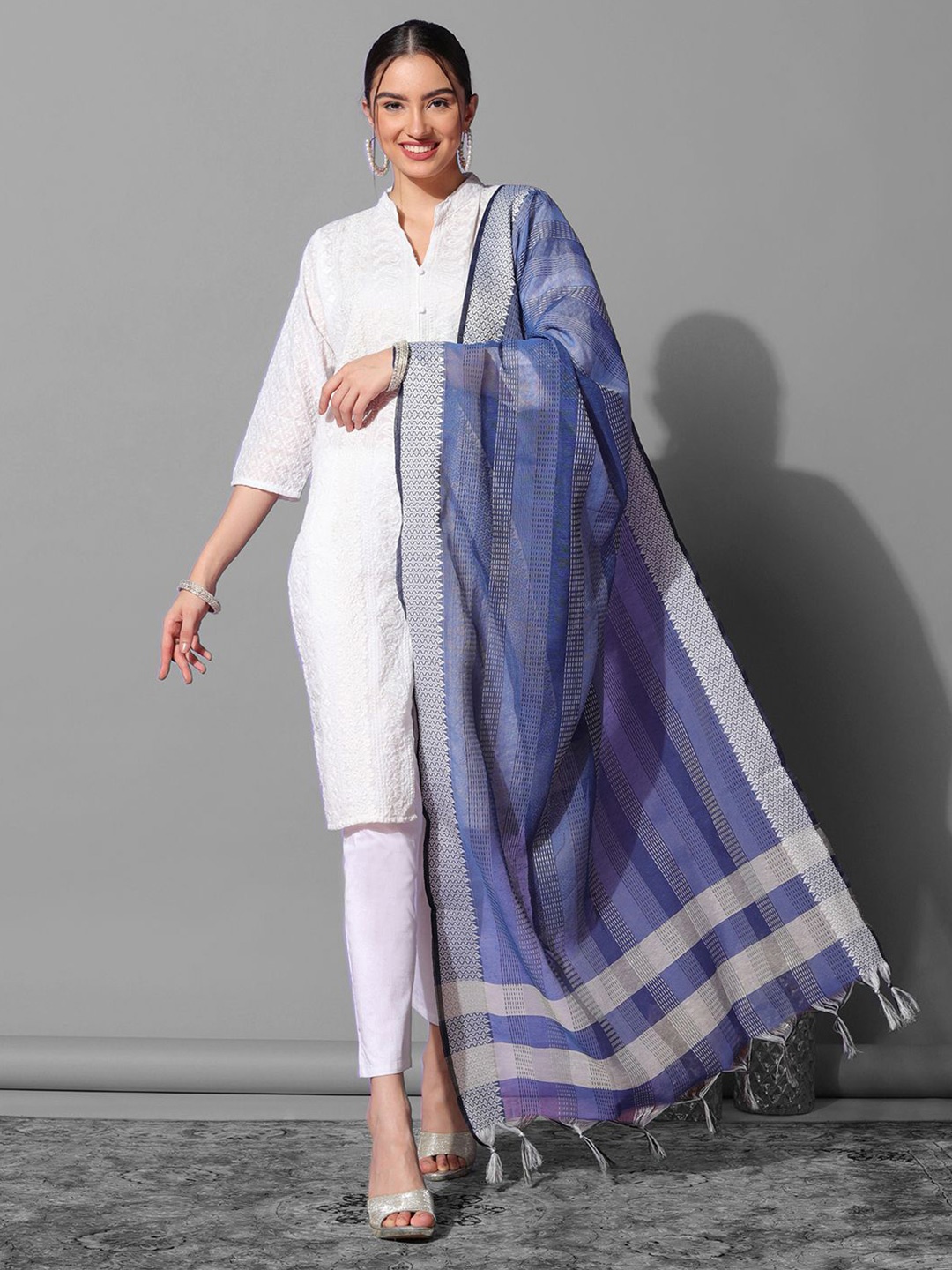 Satrani Striped Woven Design Dupatta, Blue