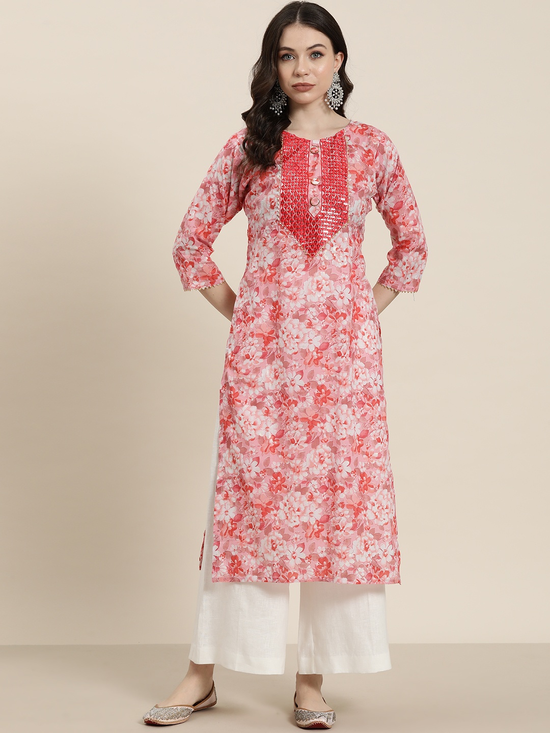 Tikhi Imli Women Floral Printed Thread Work Kurta, Pink