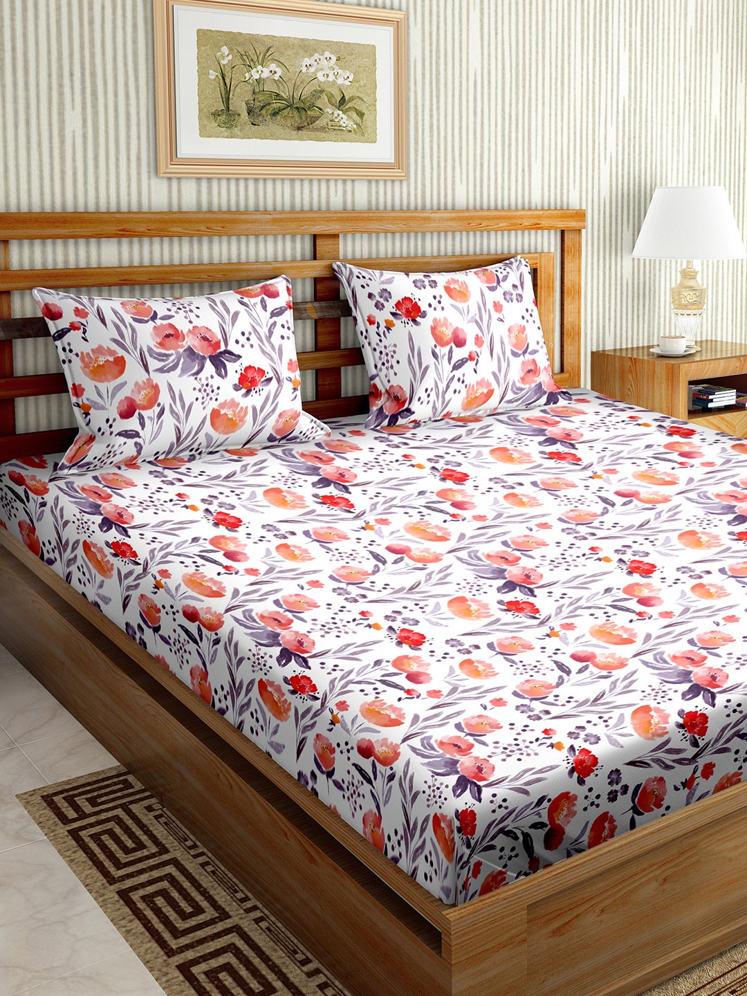 BELLA CASA White & Red Floral Pure Cotton 220 TC Fitted King Bedsheet with 2 Pillow Covers
BELLA CASA White & Red Floral Pure Cotton 220 TC Fitted King Bedsheet with 2 Pillow Covers