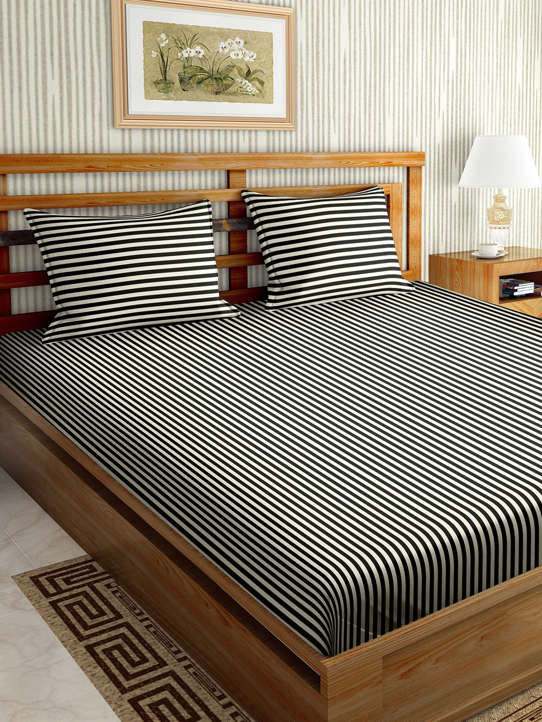 BELLA CASA Scarlet Black Striped Cotton 220 TC Fitted King Bedsheet With 2 Pillow Covers
BELLA CASA Scarlet Black Striped Cotton 220 TC Fitted King Bedsheet With 2 Pillow Covers