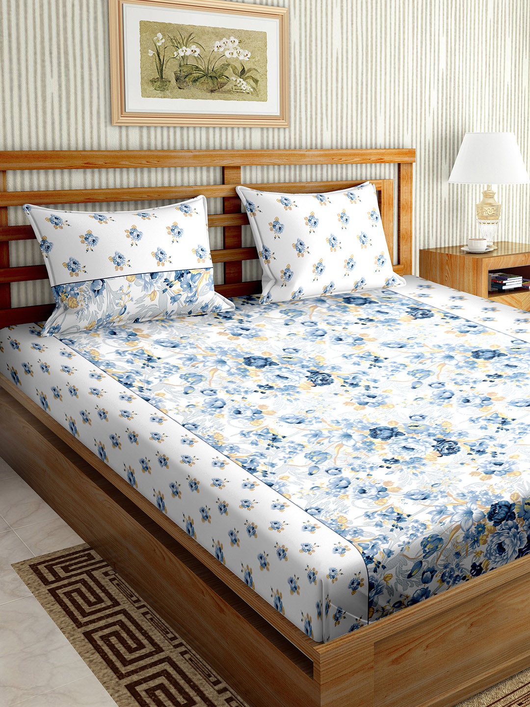 BELLA CASA Scarlet Blue Floral Cotton 220 TC Fitted King Bedsheet With 2 Pillow Covers, White
BELLA CASA Scarlet Blue Floral Cotton 220 TC Fitted King Bedsheet With 2 Pillow Covers, White