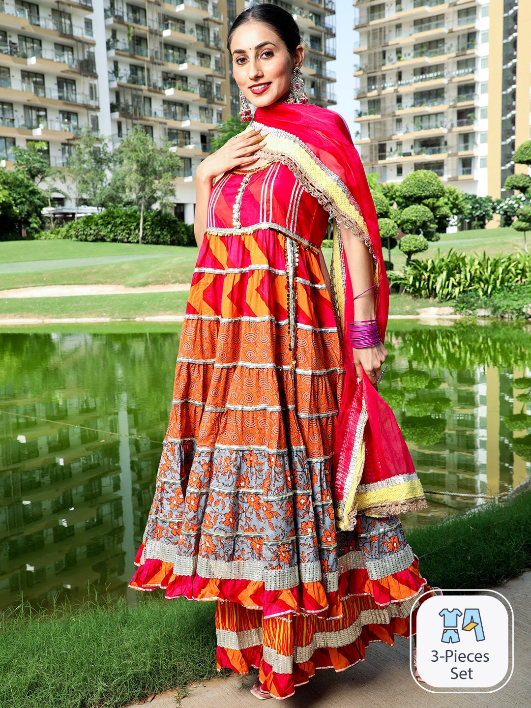 AKS Couture Ethnic Motif Printed Pure Cotton Anarkali Kurta & Sharara With Dupatta, Orange
AKS Couture Ethnic Motif Printed Pure Cotton Anarkali Kurta & Sharara With Dupatta, Orange