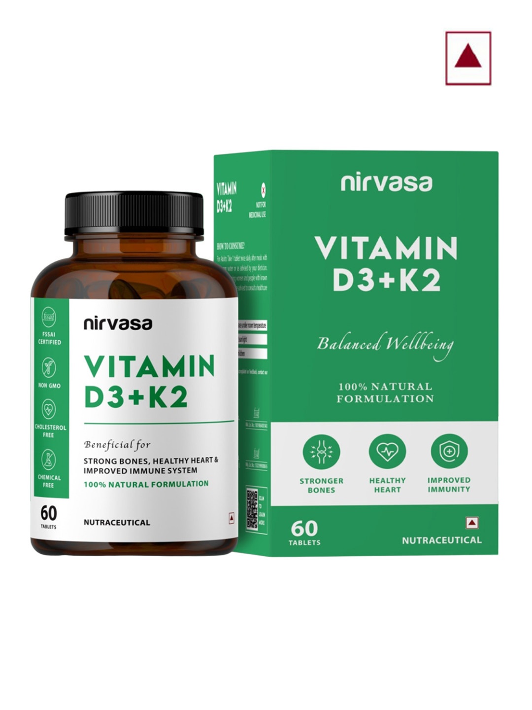 Nirvasa Vitamin D3 + K2 Tablets with Calcium Carbonate & Cholecalciferol - 60 Tablets, Green
Nirvasa Vitamin D3 + K2 Tablets with Calcium Carbonate & Cholecalciferol - 60 Tablets, Green