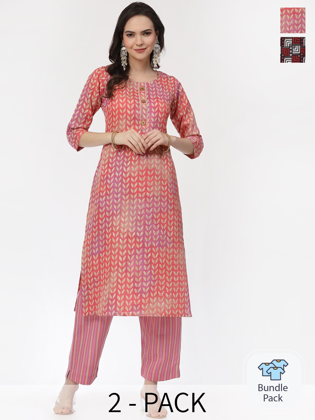 KALINI Selection Of 2 Geometric Printed Pure Cotton Straight Kurta with Trousers, Pink
KALINI Selection Of 2 Geometric Printed Pure Cotton Straight Kurta with Trousers, Pink