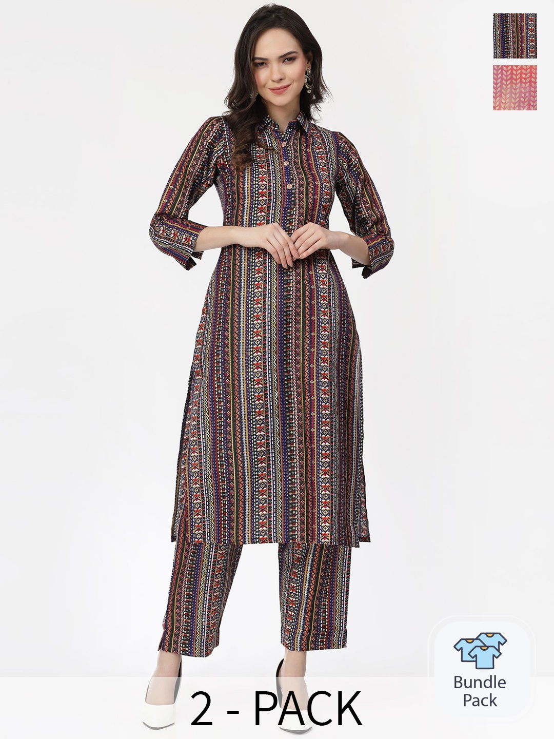 KALINI Selection Of 2 Ethnic Motifs Printed Regular Cotton Gotta Patti Kurta with Trousers, Black