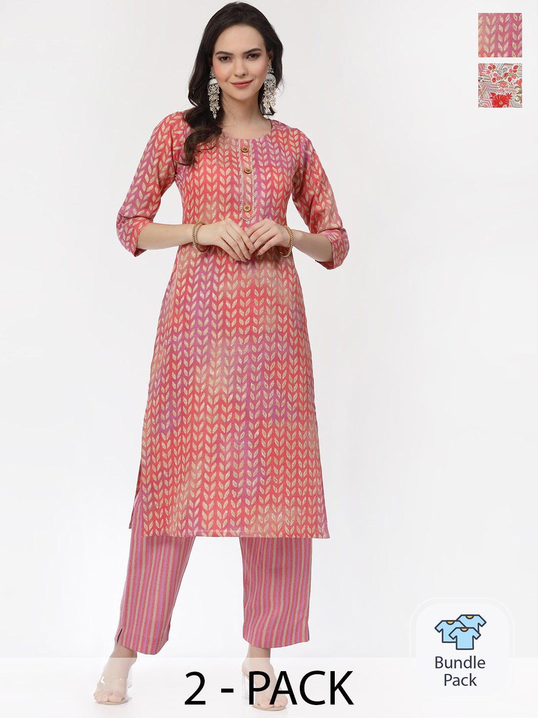 KALINI Selection Of 2 Geometric Printed Pure Cotton Straight Kurta with Trousers, Pink