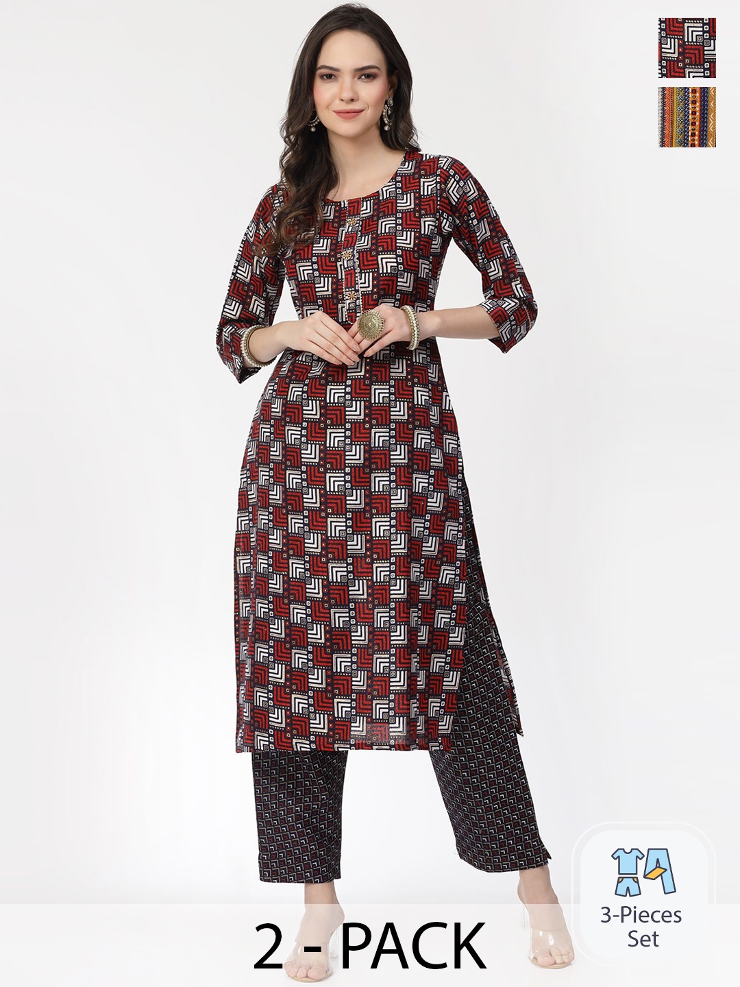KALINI Selection of 2 Geometric Printed Pure Cotton Straight Kurta with Trousers, Red
KALINI Selection of 2 Geometric Printed Pure Cotton Straight Kurta with Trousers, Red