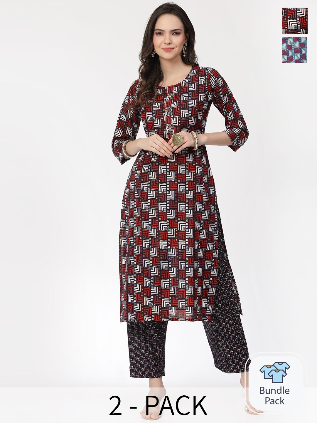 KALINI Selection Of 2 Geometric Printed Pure Cotton Straight Kurta with Trousers, Red
KALINI Selection Of 2 Geometric Printed Pure Cotton Straight Kurta with Trousers, Red
