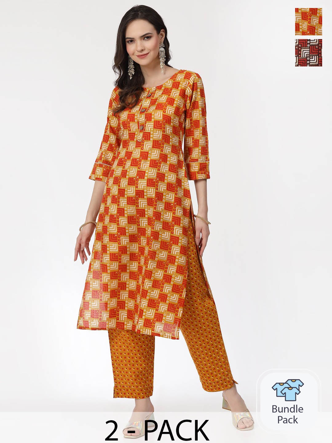 KALINI Selection Of 2 Geometric Printed Regular Cotton Gotta Patti Kurta with Trousers, Mustard
KALINI Selection Of 2 Geometric Printed Regular Cotton Gotta Patti Kurta with Trousers, Mustard