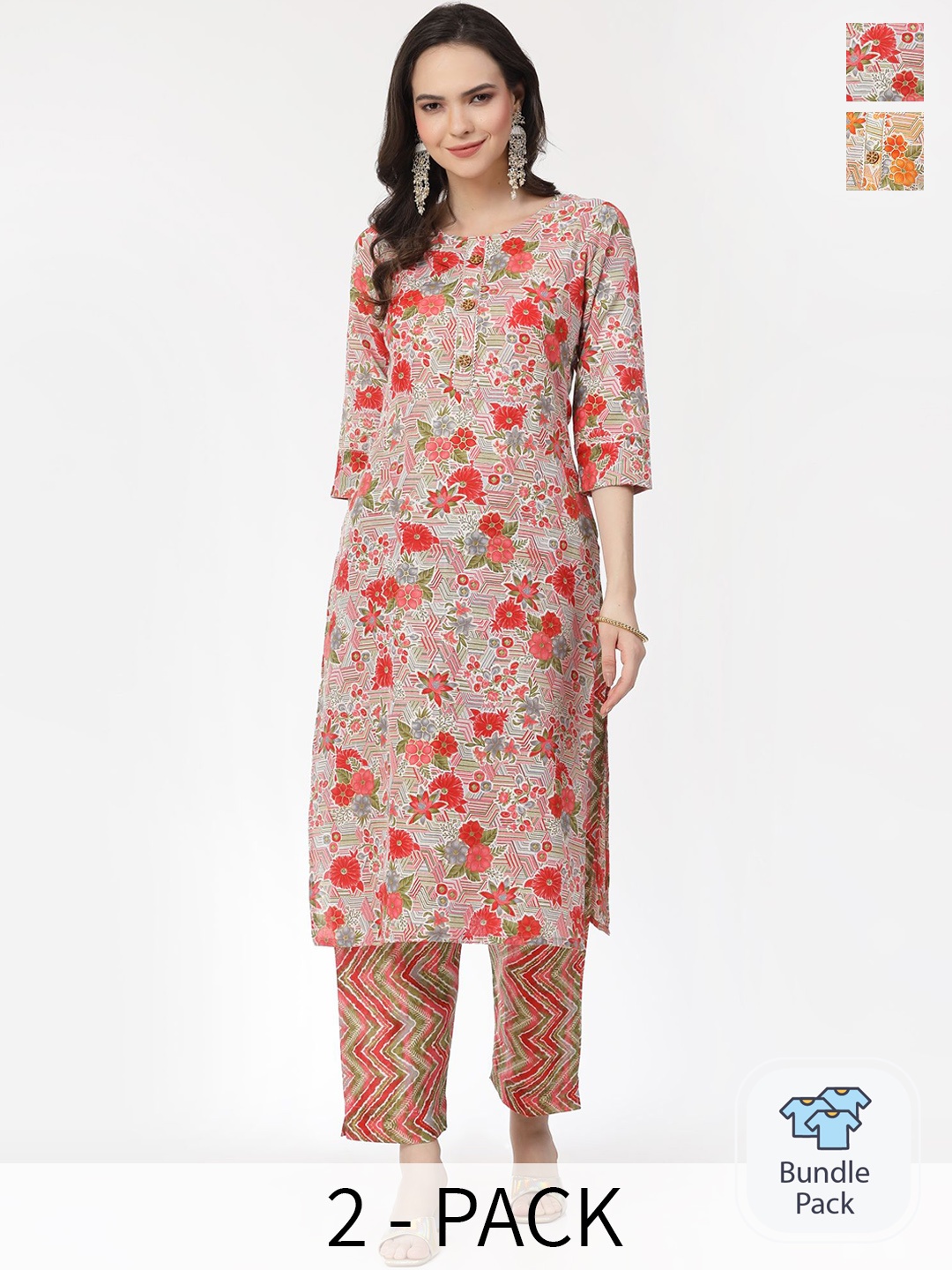 KALINI Selection Of 2 Floral Printed Regular Pure Cotton Gotta Patti Kurta with Trousers, Pink
KALINI Selection Of 2 Floral Printed Regular Pure Cotton Gotta Patti Kurta with Trousers, Pink