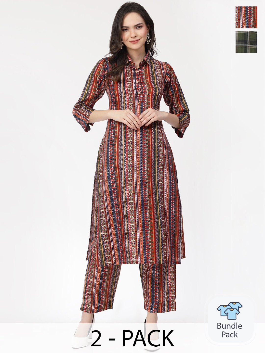 KALINI Selection Of 2 Ethnic Motifs Printed Shirt Collar Pure Cotton Kurta With Trousers, Olive
KALINI Selection Of 2 Ethnic Motifs Printed Shirt Collar Pure Cotton Kurta With Trousers, Olive