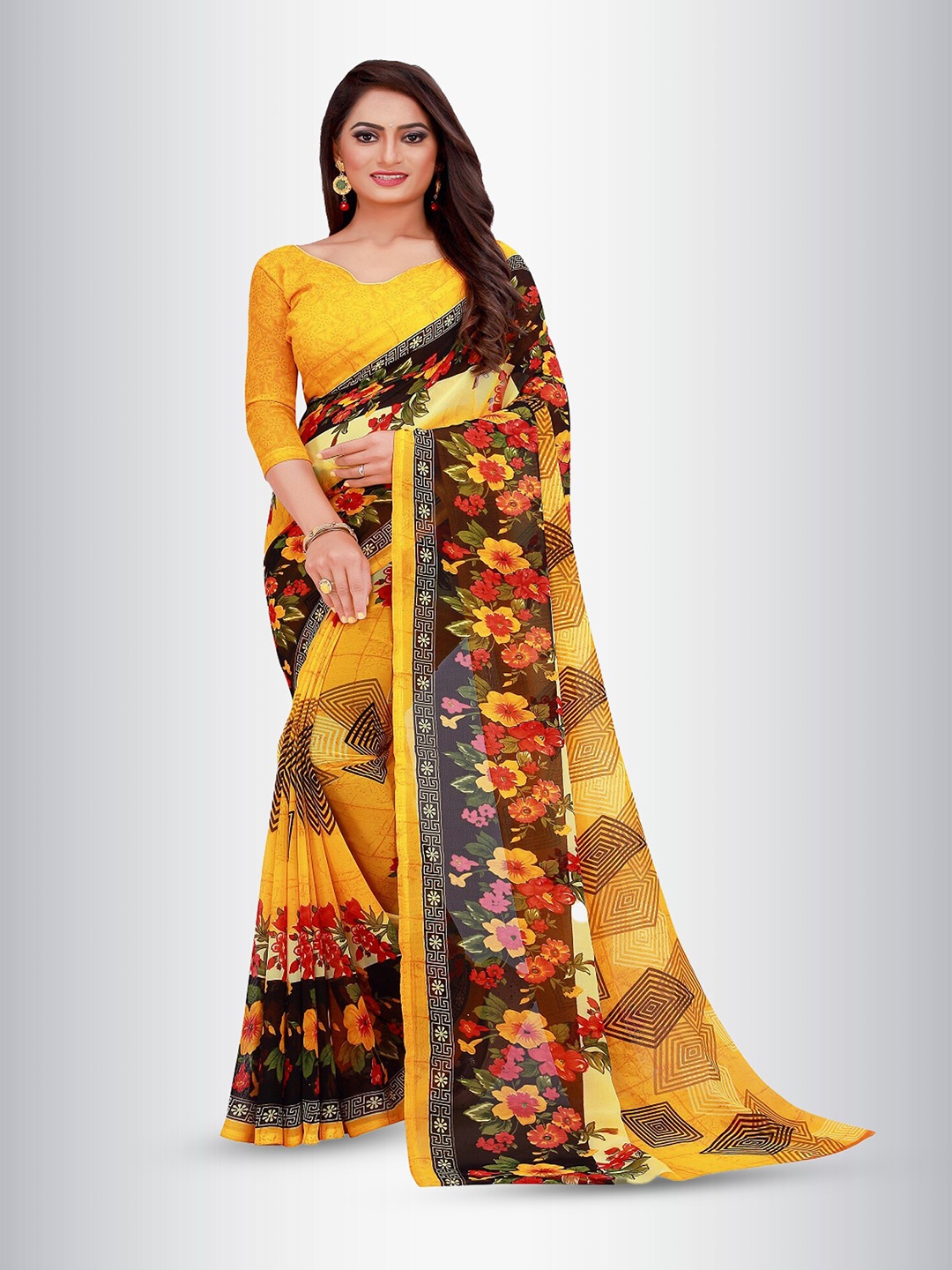 N N ENTERPRISE Floral Printed Pure Georgette Saree, Yellow
