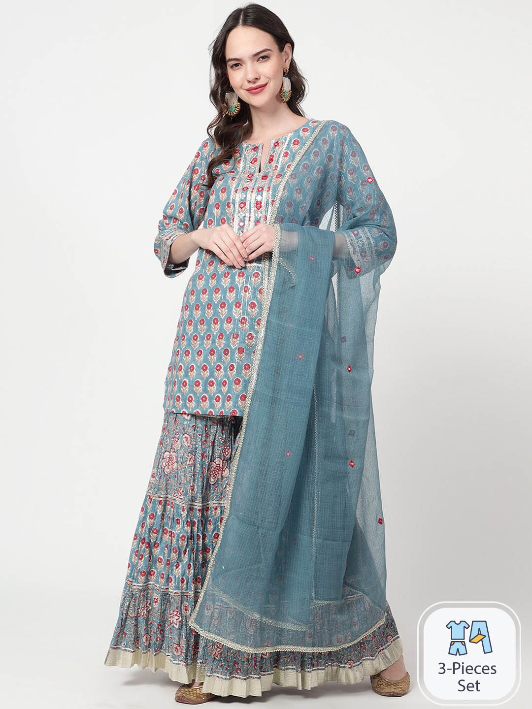 Spring Soul Floral Printed Gotta Patti Pure Cotton Straight Kurti & Sharara With Dupatta, Blue
Spring Soul Floral Printed Gotta Patti Pure Cotton Straight Kurti & Sharara With Dupatta, Blue