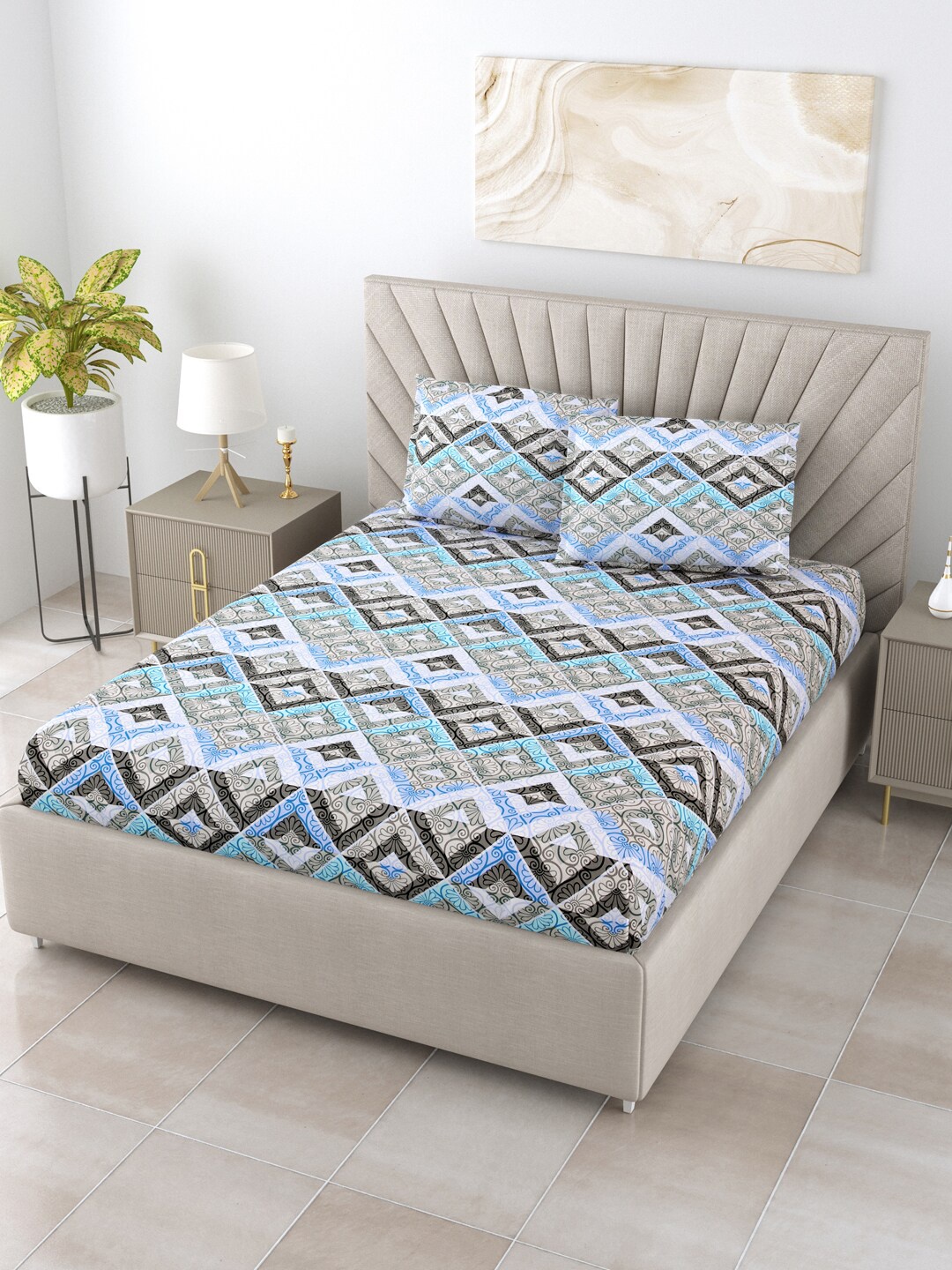 BOMBAY DYEING Epigram Blue & White Geometric Cotton 120 TC King Bedsheet & Pillow Covers
BOMBAY DYEING Epigram Blue & White Geometric Cotton 120 TC King Bedsheet & Pillow Covers