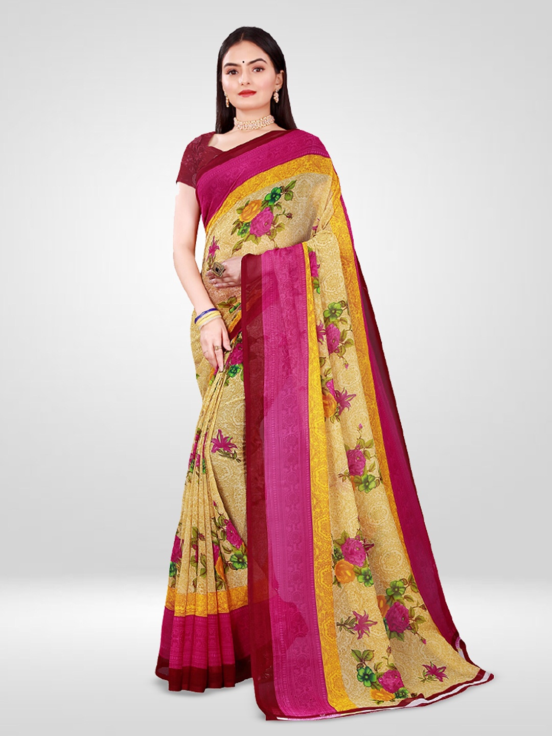 N N ENTERPRISE Floral Printed Pure Georgette Saree, Maroon