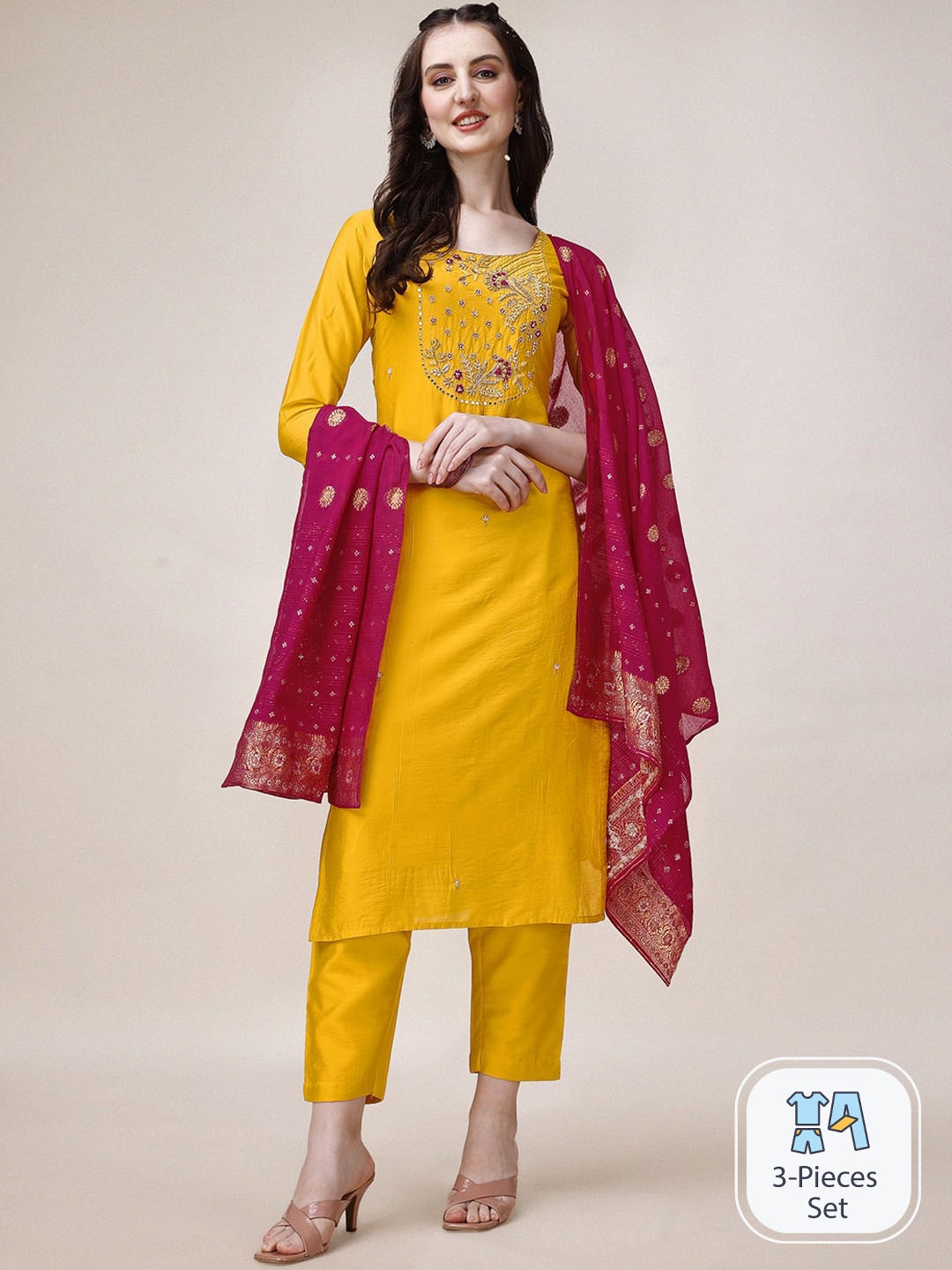 Berrylicious Floral Yoke Design Regular Chanderi Cotton Kurta With Trousers & Dupatta, Yellow
Berrylicious Floral Yoke Design Regular Chanderi Cotton Kurta With Trousers & Dupatta, Yellow