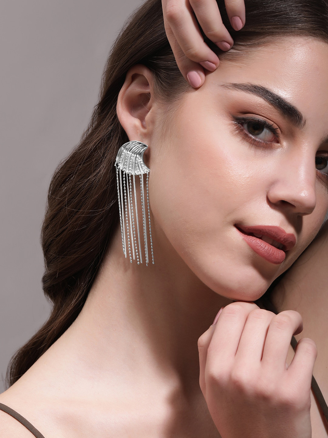 Rubans Voguish Rhodium-Plated Multi-Layer Tassel Earrings with Delicate Ball Chain Beading, Silver 
Rubans Voguish Rhodium-Plated Multi-Layer Tassel Earrings with Delicate Ball Chain Beading, Silver