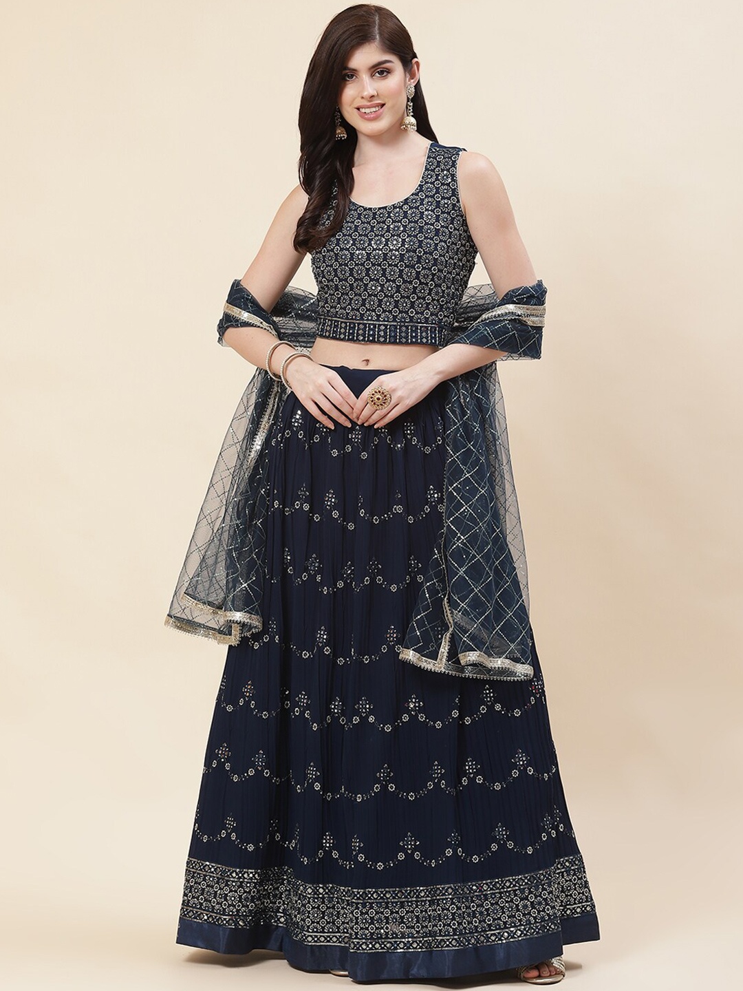 Meena Bazaar Embroidered Sequinned Ready To Wear Lehenga & Blouse With Dupatta, Navy blue
Meena Bazaar Embroidered Sequinned Ready To Wear Lehenga & Blouse With Dupatta, Navy blue