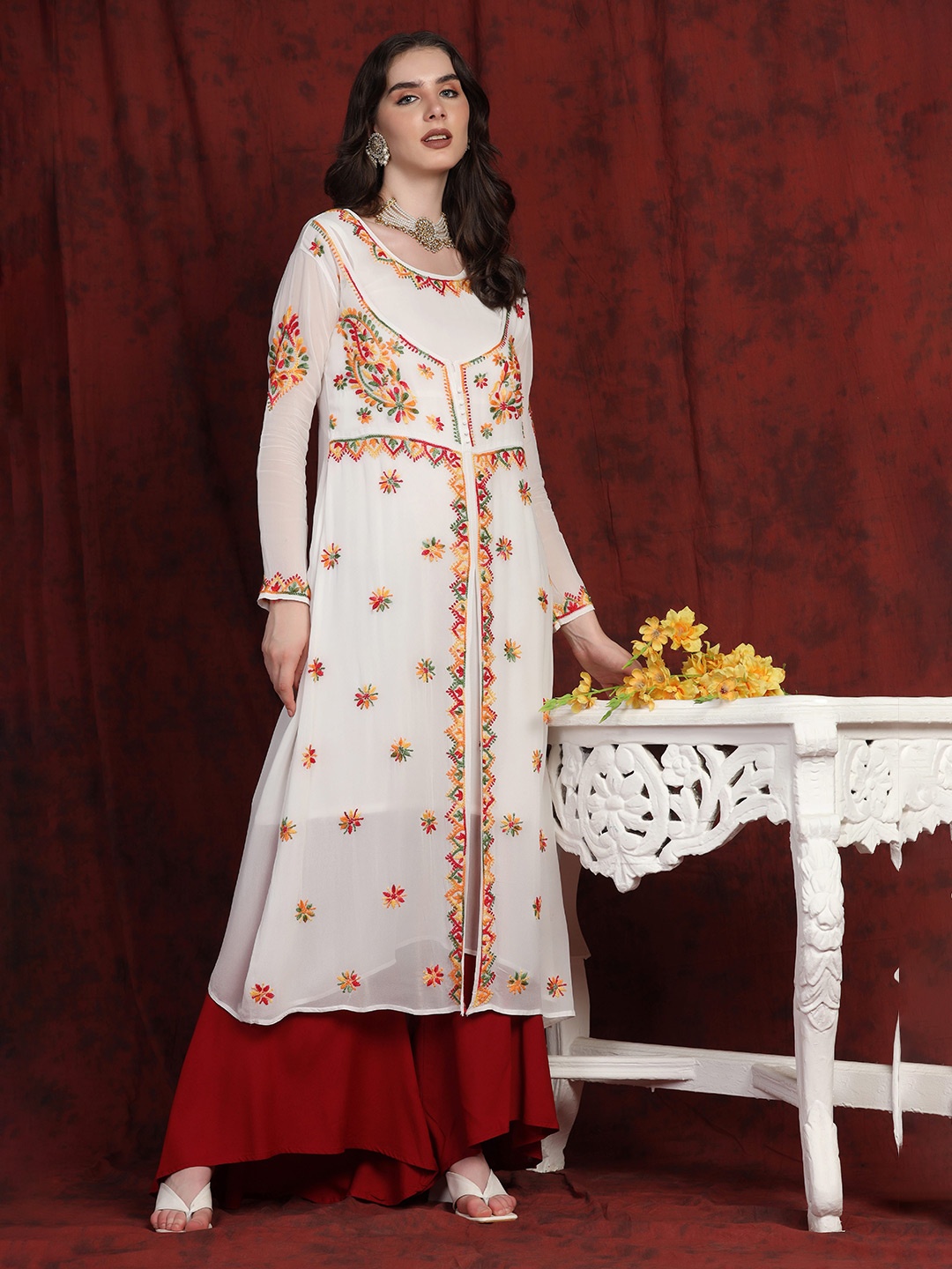 SHADES OF FAASHION Women Ethnic Motifs Embroidered Chikankari Georgette Kurta, White
SHADES OF FAASHION Women Ethnic Motifs Embroidered Chikankari Georgette Kurta, White