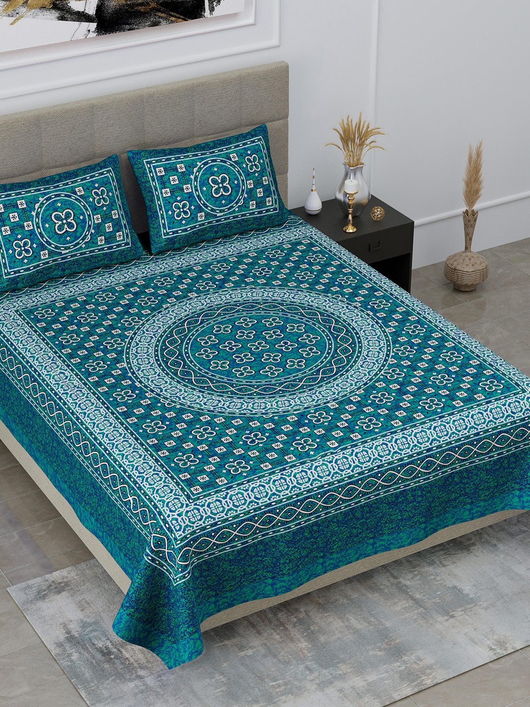 SheetKart Jaipuri Green & White Printed Cotton 144 TC Queen Bedsheet with 2 Pillow Covers
SheetKart Jaipuri Green & White Printed Cotton 144 TC Queen Bedsheet with 2 Pillow Covers