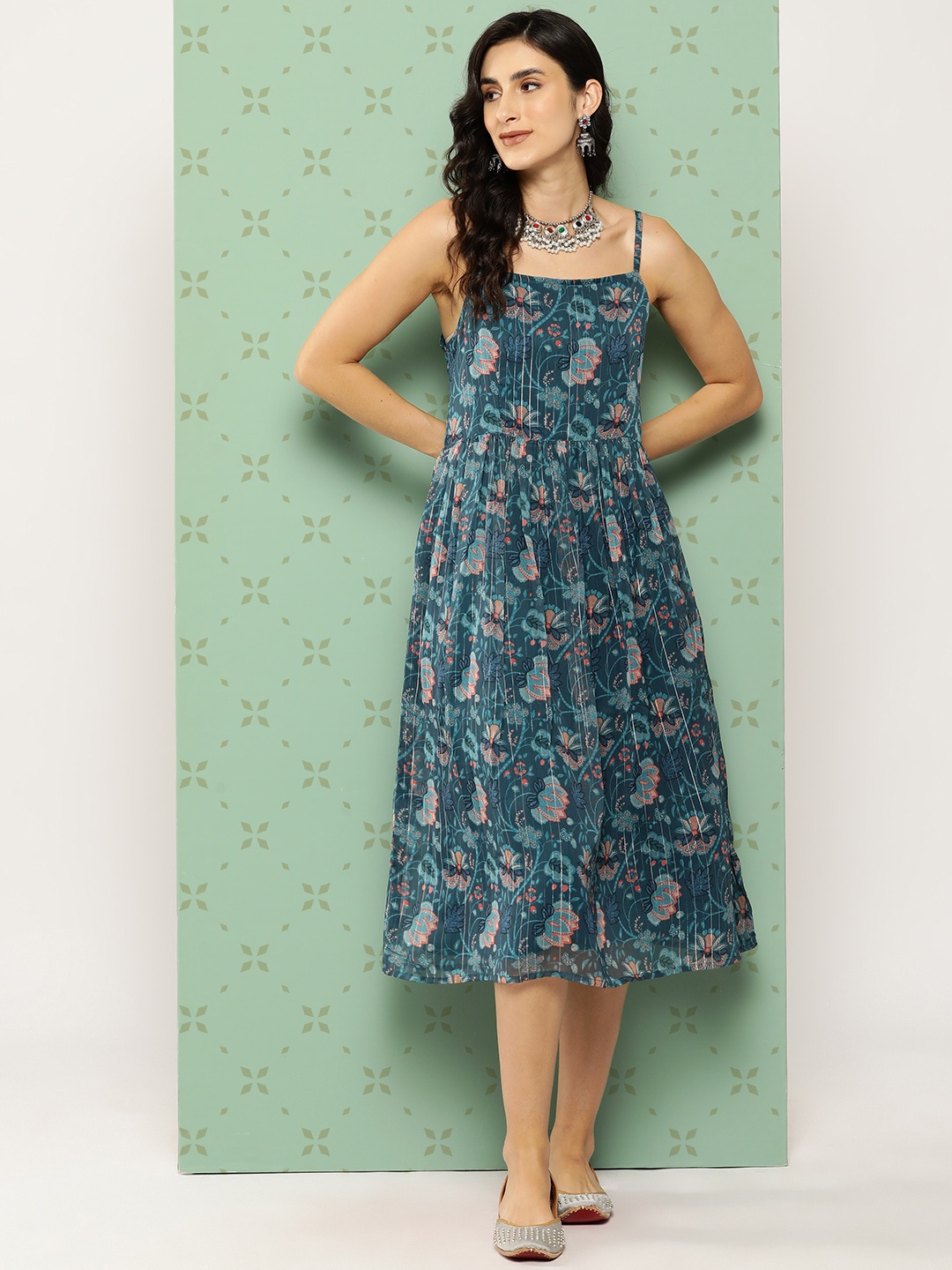Janasya Floral Print Chiffon A-Line Midi Dress, Teal