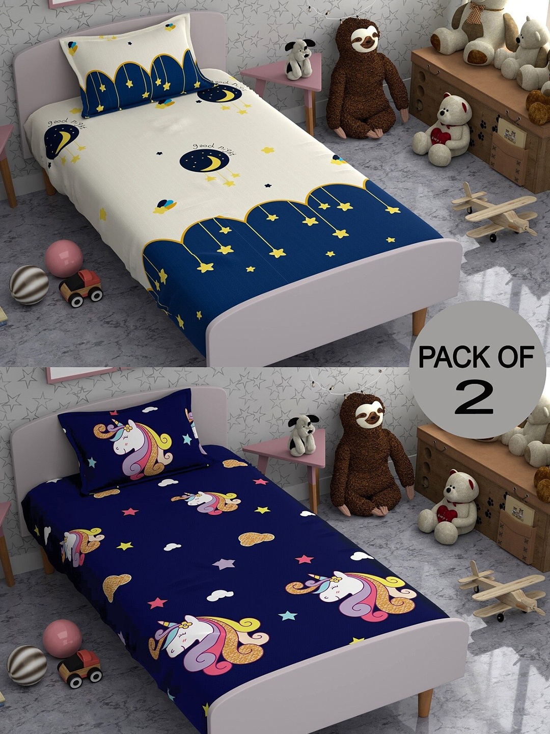 CHHAVI INDIA Blue & White Conversational 210 TC 2 Single Bedsheet with 4 Pillow Covers
CHHAVI INDIA Blue & White Conversational 210 TC 2 Single Bedsheet with 4 Pillow Covers