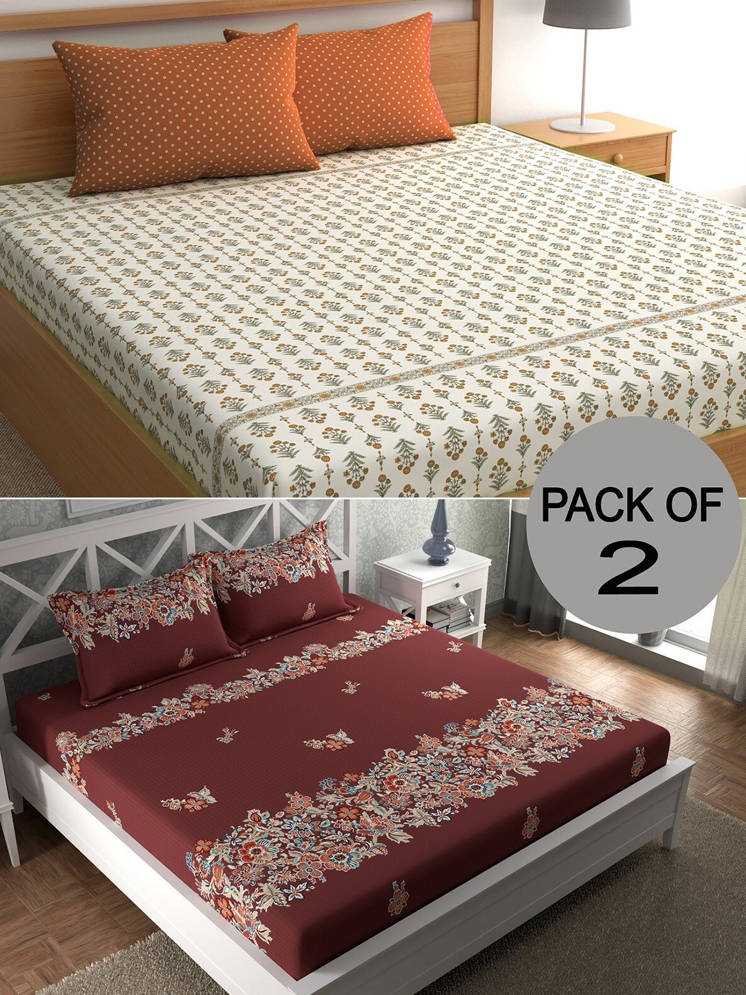 CHHAVI INDIA Orange & White Floral Polycotton 210 TC 2 Queen Bedsheet With 4 Pillow Covers
CHHAVI INDIA Orange & White Floral Polycotton 210 TC 2 Queen Bedsheet With 4 Pillow Covers
