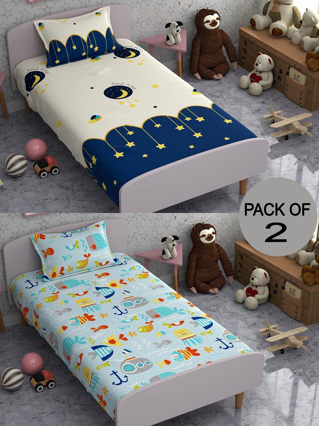 CHHAVI INDIA Blue & Green Graphic Polycotton 210 TC 2 Single Bedsheet With 4 Pillow Covers
CHHAVI INDIA Blue & Green Graphic Polycotton 210 TC 2 Single Bedsheet With 4 Pillow Covers