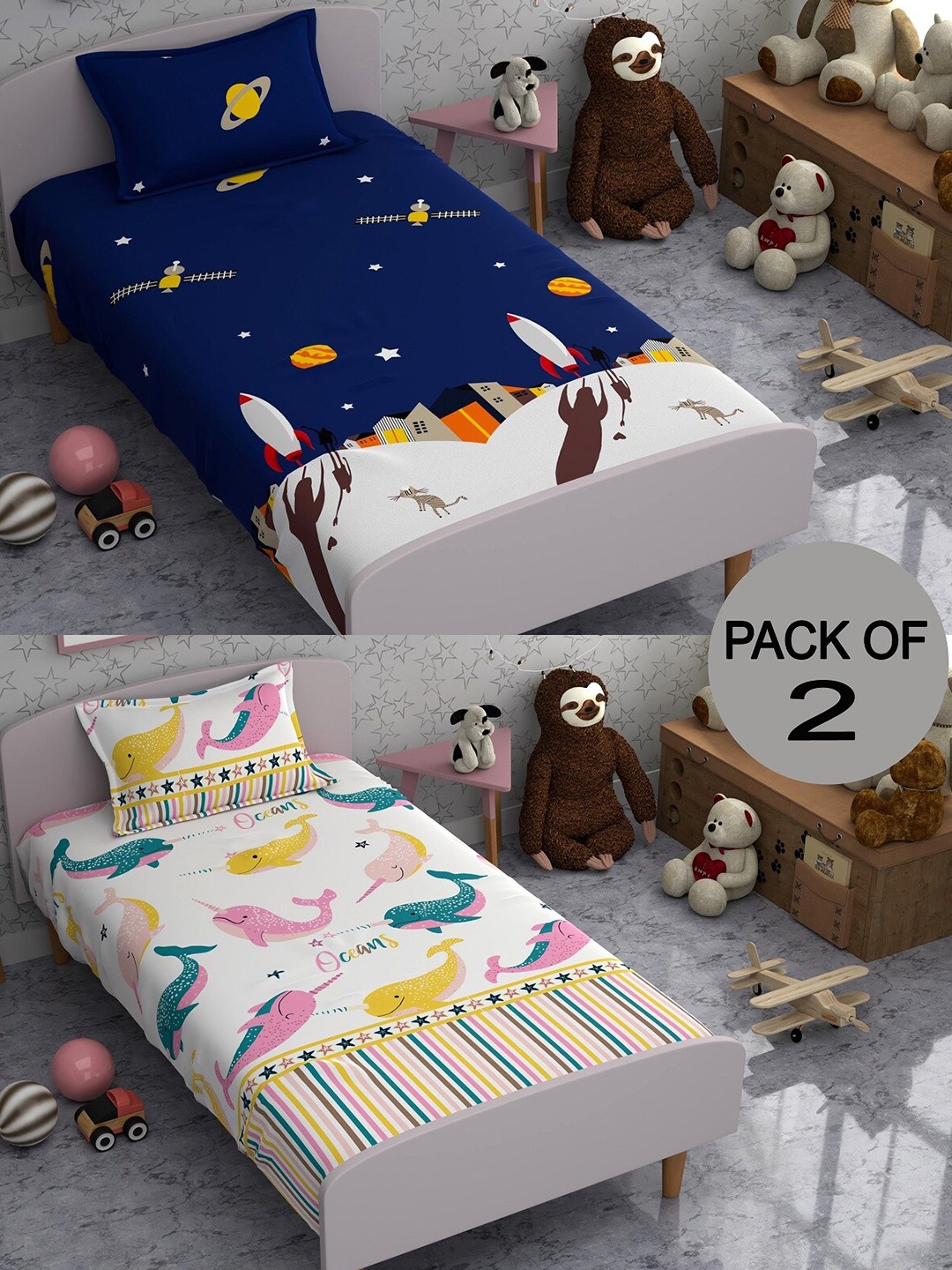 CHHAVI INDIA Blue & White Graphic Polycotton 210 TC 2 Single Bedsheet With 4 Pillow Covers
CHHAVI INDIA Blue & White Graphic Polycotton 210 TC 2 Single Bedsheet With 4 Pillow Covers