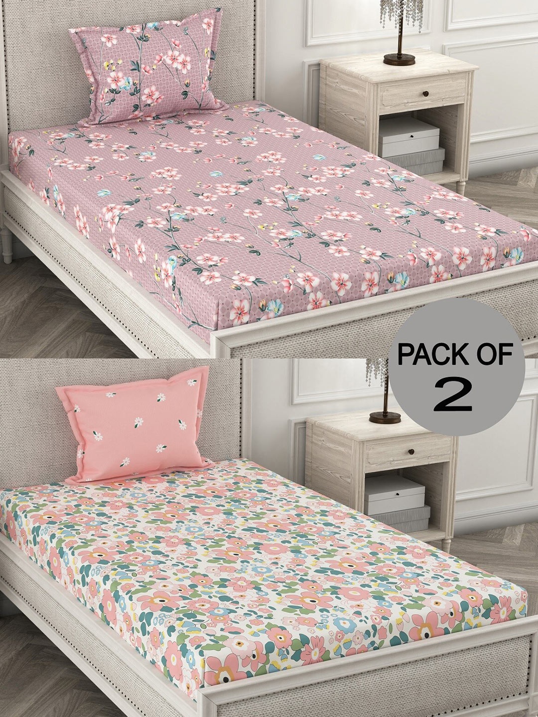 CHHAVI INDIA Pink & White Floral Polycotton 210 TC 2 Single Bedsheet With 4 Pillow Covers
CHHAVI INDIA Pink & White Floral Polycotton 210 TC 2 Single Bedsheet With 4 Pillow Covers