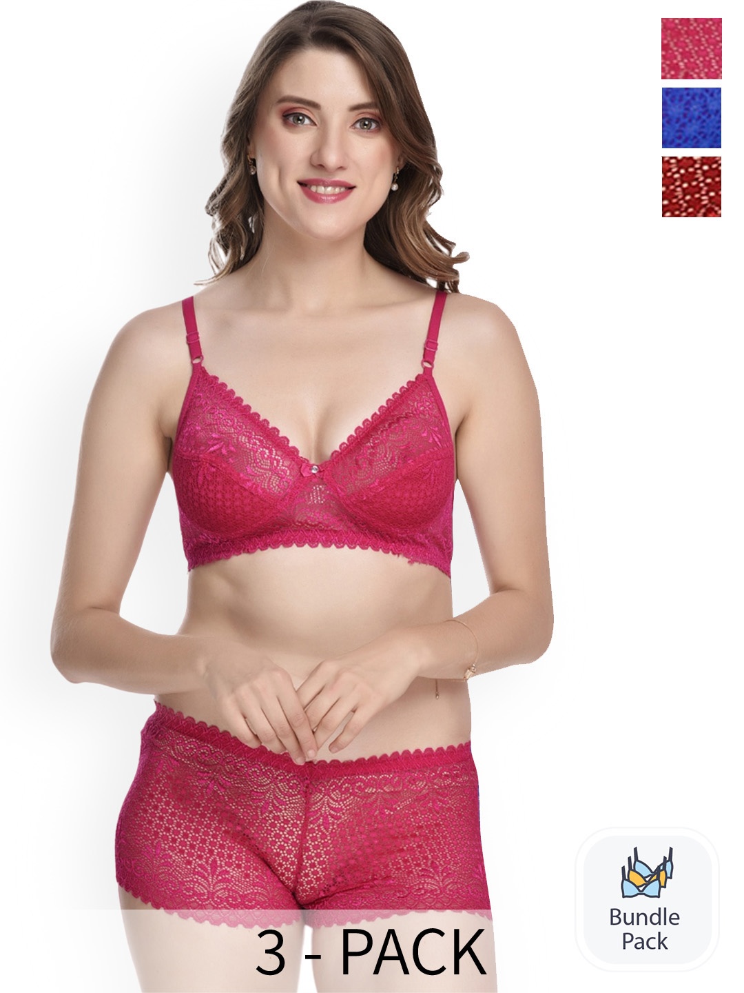AROUSY Pack Of 3 Cotton Lingerie Set, Pink